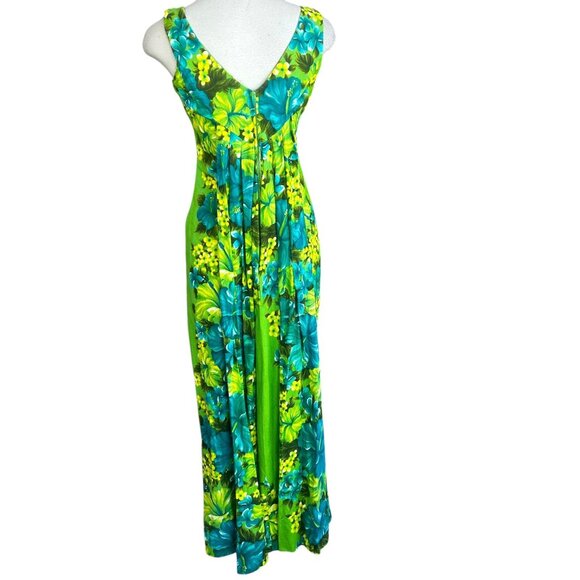 Hawaiian Togs Vintage Green Floral Barkcloth V Neck Draped Back Tiki Maxi Dress - Picture 13 of 14